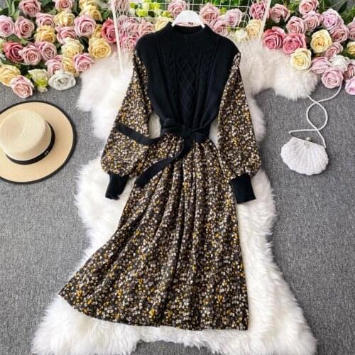 Vintage Fake Two Floral Print Dress Women 2020 Autumn Lantern Sleeve Ladies A-line Elegant Midi Dress Bandage Vestidos