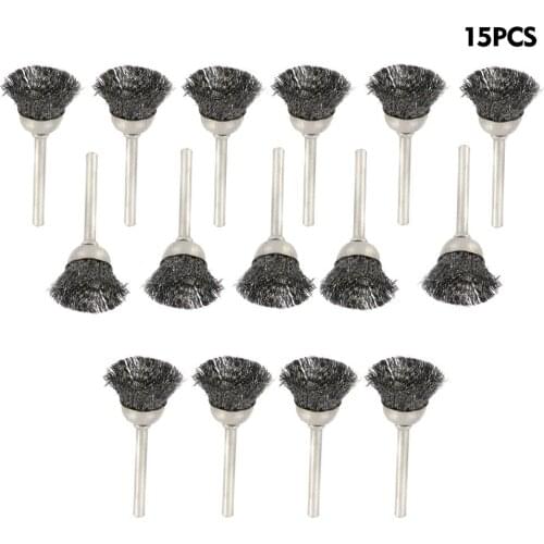 15pcs 3mm Shank Stainless Steel Wire Cup Brush Fits Rotary Tool Accessory