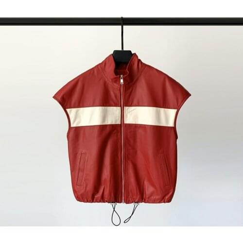 2021 Autumn New Leather Vest Womens Off Shoulder Sleeveless Leather Jacket Short Contrast Sheepskin Casual Waistcoat