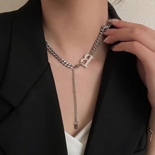 Lifefontier Stainless Steel Long Chain Letter B Pendant Necklace for Women Silver Color Metal Chain Choker Necklace Jewelry