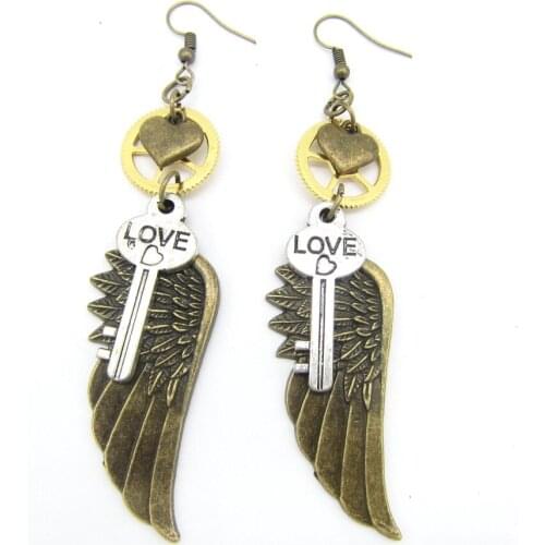 Cykopv New Original Design Sweet Heart and Key Wing Charms Women`s Fashion Drop Earring