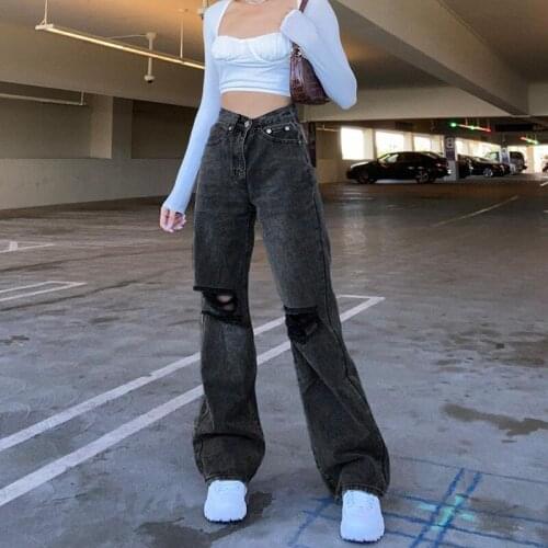 Y2K High Waist Solid Gray Hip Hop Jeans Vintage Hole Office Lady Denim Pants Womens Streetpants Female Fall Trousers P056