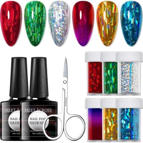 MEET ACROSS Nail Foil Gel Set Transfer Gel Polish Kit Nail Art Foil Sticker For Manicure Lacquer Base Top Coat Varnish