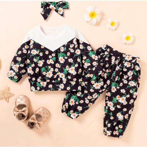 Fashion Newborn Infant Baby Girls Clothes O-Neck Long Sleeve Floral Printed Sweatshirt+Pants Headbands Outfits Autumn Sets#g4