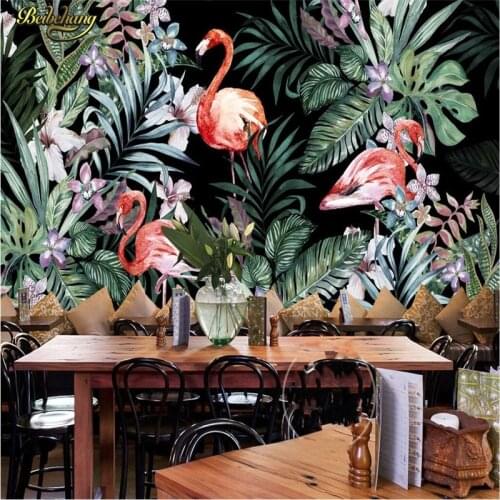 Beibehang Custom Wallpaper Wall Stickers Hand painted European Pastoral Flamingos Tropical Rainforest Southeast Asia Mural