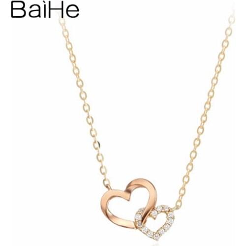 BAIHE Solid 18K Yellow Rose Gold 0.06CT Round Natural Diamonds Women Wedding Gift Fine Jewelry sweet Heart Diamond Necklaces