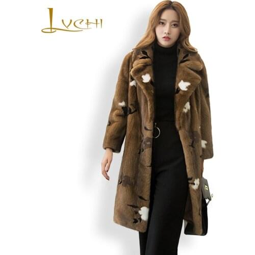 LVCHI Women coat Mink Fur Suit collar desgin Winter 2019 Thick Warm Ladies Fur Medium Coat Fur Flower Pattern clothes for women