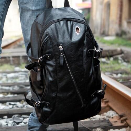 New Casual Large Capacity Mens Backpack Trend Pu Leather Outdoor Sports Bag Luxury with Headphone Jack Travel Computer Backpack