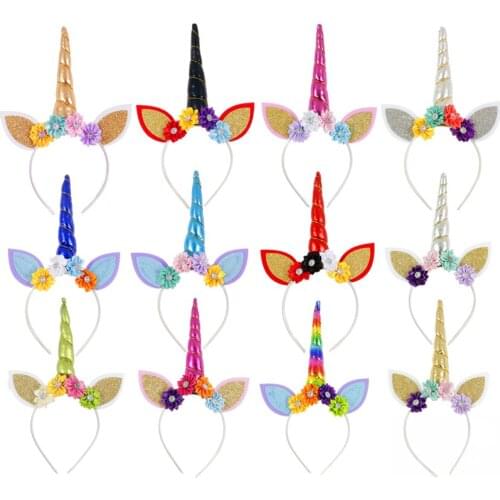 New Gold Silver Rainbow Unicorn Horn Headband Ribbon Satin Flowers Unicorn Hair Bands Birthday Party Gift Hair Accessories