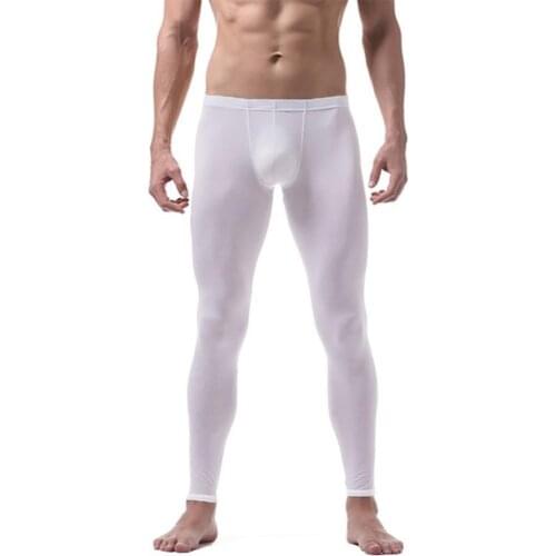Ice Silk Trousers Men Sexy Nylon Transparent Long Skin-friendly Silk Pouch Sheer Spandex Lounge Leggings Tights I5J3