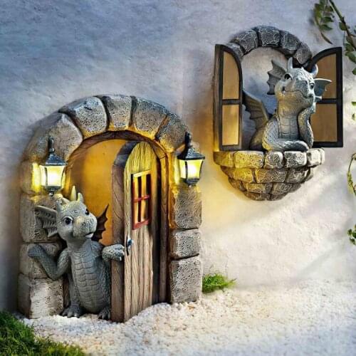 Dragon Statue Solar Garden Decoration Dragon Open The Door Window Figure Sculpture Home Outdoor Garden Decoration