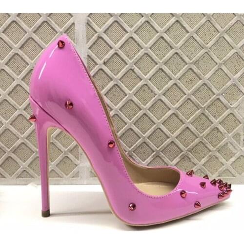 Free shipping fashion women pumps pink patent leather studded spikes pointed toe high heels shoes pumps 12cm 10cm 8cm Stiletto