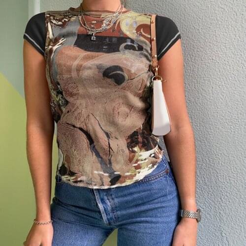 Dourbesty Aesthetic Print Y2K T-Shirts Patchwork Streetwear O Neck Short Sleeve Summer Tops E-Girl Retro Women Basic Tees Summer