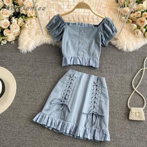 2021 Summer Woman Two Piece Set High Waist Thin Hip Wrapped Short Drawstring Skirt And Square Neck Short Sleeve Short Shirt Suit