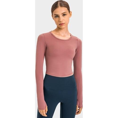 Womens Slim Fit Gym Fitness Long Sleeve Crop Top Stretch Nylon Yoga Sports Shirt with Thumb Hole Athletic Cropped Sweatshirts