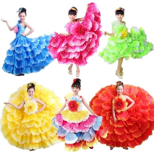 2021 6colors Je Gypsy Style Children Girls Spanish Flamenco Dress Ruffle Floral Vintage Elegent Wedding Party Wear Dance Dress