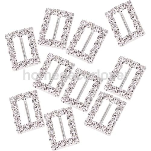 10Pieces 10mm Rectangle Silver Rhinestone Buckles Metal Diamante DIY Hair Accessory Wedding Decorative Ribbon Slider