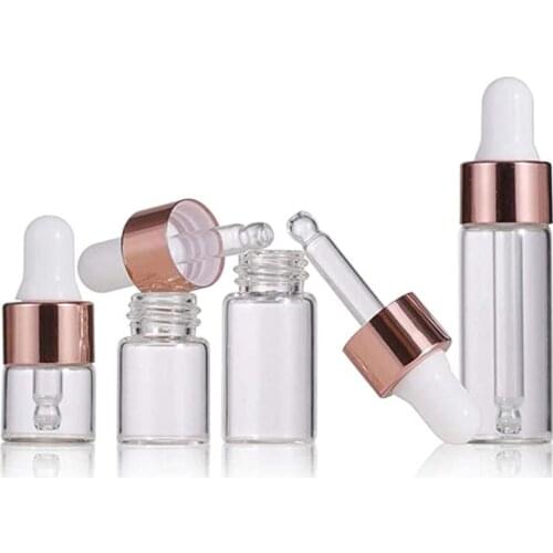 1000Pcs Clear Glass Essential Oil Sample Bottle Perfume Vials Liquid Cosmetic Containers Eye Dropper Bottles With Rose Gold Lids