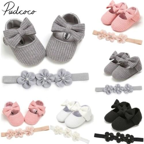 2020 Baby First Walkers Toddler Girl Crib Shoes Baby Bowknot Soft Sole Prewalker Dress Solid Shoes + Headband 2Pcs