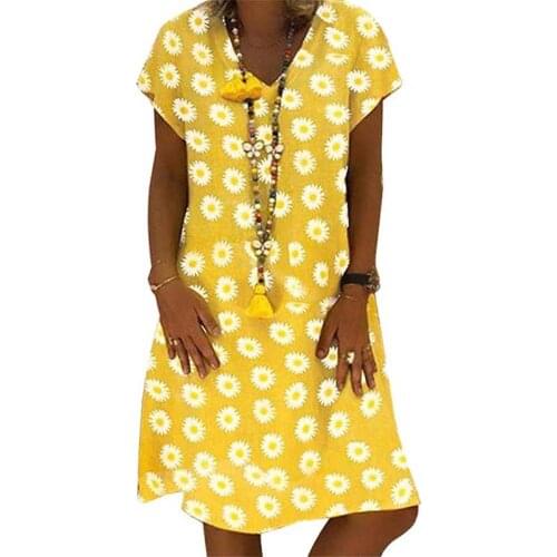 2021 Summer Floral Print Women Dress V-neck Short Sleeve Loose Midi Plus Size Dresses Beach Casual Boho Yellow Dress