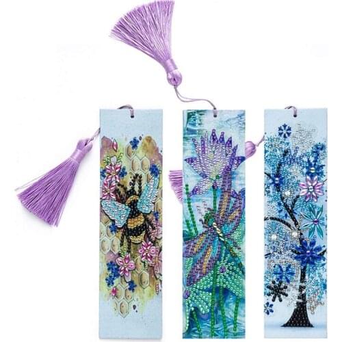 3 Pcs 5D Diamond Bookmark DIY Painting Bookmark Faux Leather Tassel Bookmark for DIY Making Arts Crafts Students Adults