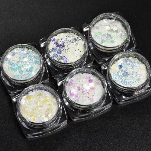 6Jar/Set Nail Glitter Iridescent Transparent Nail Powder Sequins Mix Superfine Glitter Hexagon Flake DIY Dazzling Paillettes
