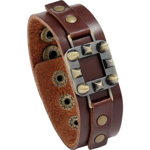 Jessingshow Wide Cuff Genuine Leather Bracelets Punk Gothic Rock Unisex Bangles Bracelet Wristband for Women Mens Jewelry