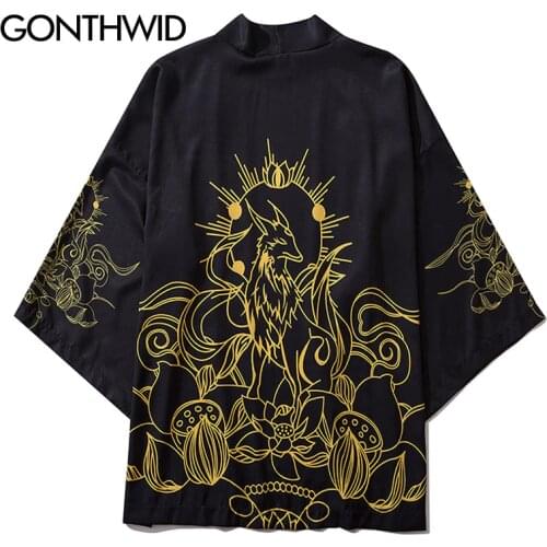 GONTHWID Lotus Flowers Print Japanese Kimono Cardigan Jacket Coats Harajuku Hip Hop Casual Loose Tops Streetwear Shirts Jackets