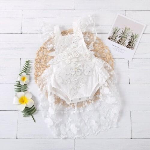 Girls Romper 2021 Summer Hot New Children Baby Sling Flower Embroidered Bead Lace Romper Coverall Baby Clothes For Girls 0-3 Age