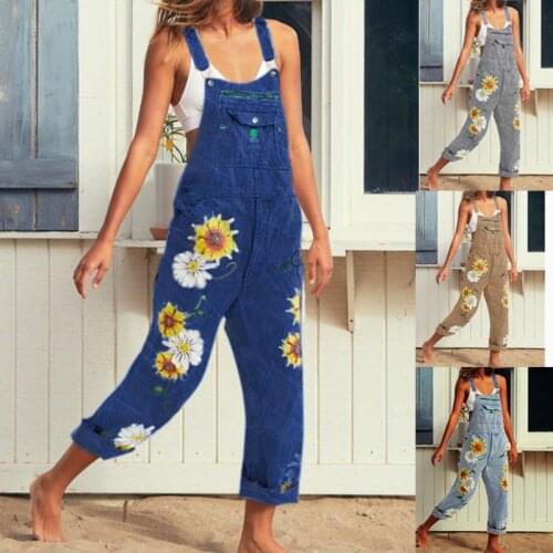 Rompers Womens Jumpsuit Stylish Flower Jeans Strap Overalls Women Vintage Girls Denim Bib long Pants Streetwear Macacao Feminino