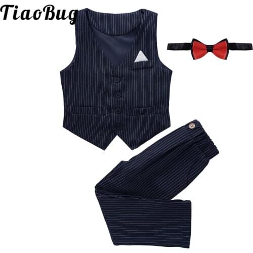 3Pcs Flower Boys Suits Childrens Clothes Sets Kids Boys Striped Outfits Gentleman Wedding Party Suits Button Down Vest + Pants