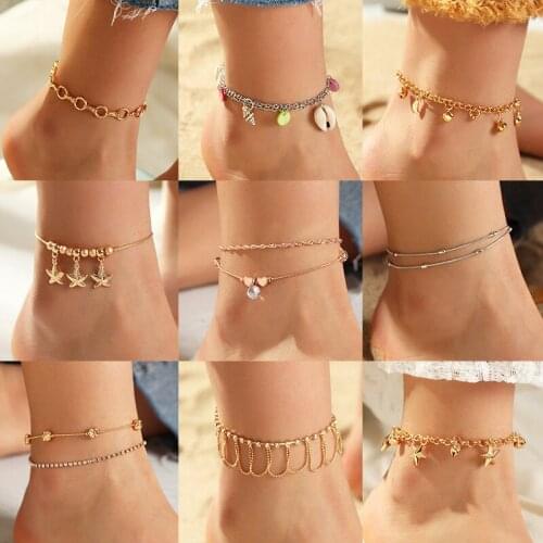 HI MAN Punk Zircon Star Moon Shell Heart Flower Small Round Bead Anklet Women Variety Leisure Beach Travel Accessories