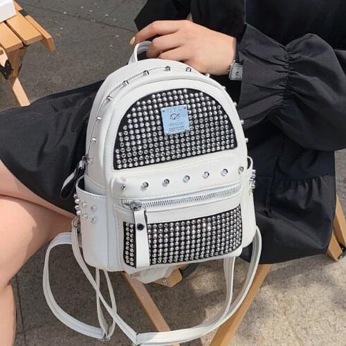 Fashion Diamonds Leather Backpacks for Women Luxury Brand Mochila Designer Rivet Back Pack Cute Bagpack Bookbag Sac A Main