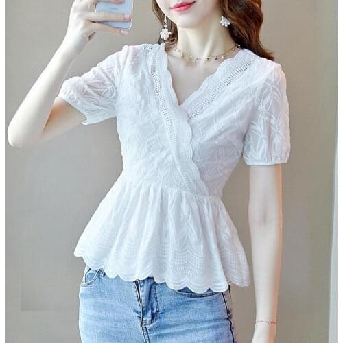 Fashion Womens Spring Summer Style Chiffon Blouses Womens Slim Casual Short Sleeve V-Neck Shirts Womens Blusas Tops DF3365