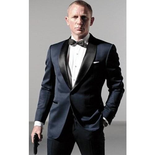 Newest Groom Tuxedos Navy Blue Groomsmen Shawl Black Satin Lapel Men Wedding Suits Best Mens Suit (Jacket+Pants+Tie+Girdle) B607