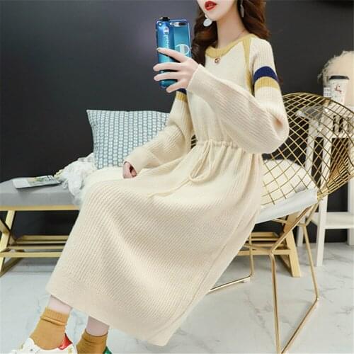 2020 Autumn Winter New Round Neck Pullover Skirt Lazy Wind Wild Long Knee Knit Dress Blouse Women Plus Size Clothes for Women