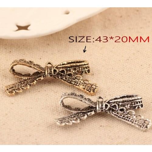 Wholesale Vintage Lace Ribbon Bow Alloy Charms 60PCs 20PCs DIY Jewelry Findings Untique Gold Silver Metal Bracelet Pendant Charm