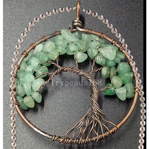 Free Shipping Women Beatiful Tree of life -Aventurine Wire Wrap Round Art Necklace With Chain 1pcs C4469n