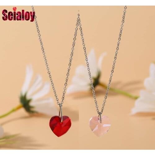 Seialoy Red & Pink Crystal Heart Pendant Necklace For Women Girls Necklace Jewelry Girlfriend Wife Birthday Gift