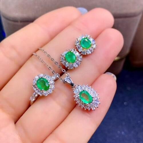Simple Elegant Natural Real Emerald Set 925 Sterling Silver 1pc Emerald Ring,2pcs Emerald Earring,1pc Emerald Pendant