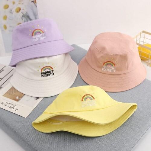 Rainbow Bucket Hat Yellow Children Bucket Hat Letter Unisex Fashion Bob Cap Hip Hop Gorro Summer Cap Kids Hat