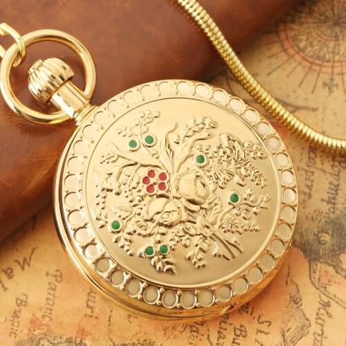 Relief Flowers Golden Pocket Watch Automatic Mechanical Movement Mens Arabic Numeral Dial Alloy Chain Women Pendant Necklace