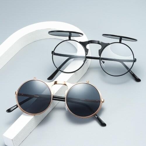 Brand Designer Round Sunglasses Men Women Vintage Metal Sun Glasses For Female Male Vintage Flip Steampunk Oculos De Sol