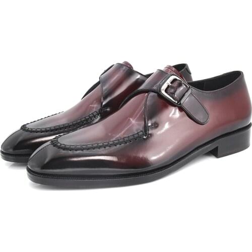 SHENBINs Split Toe Monk Strap Shoes with Leather Soles, Handmade, Burgundy