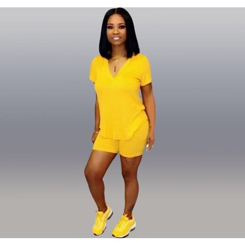 Streetwear Sporty 2 Piece Club Outfits Women Deep V Neck Short Sleeve T-shirt and Bodycon Shorts Sweatsuits Casual Matching Set