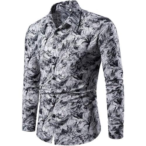 Spring Fall Mens Blouse Printed Long Sleeve Shirt Men Shirts Fashion Male White Tops and Blouse