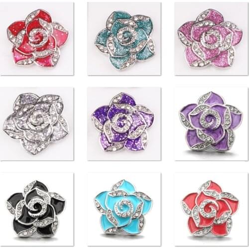 XH8121 Enamel Rose flower Crystal 18mm Metal Snap button fit snap jewelry DIY