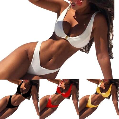 Women Sexy Solid Color Deep V Bra Top High Waist Panties Swimwear Bikini Set Beach Swimming Bathing Suits