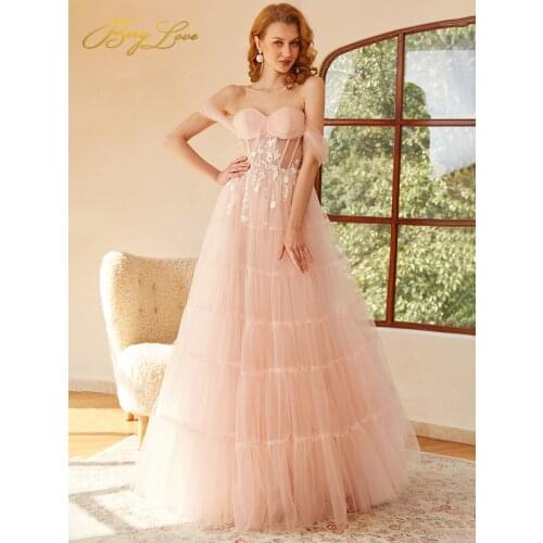 Berylove Pink A line off the Shoulder Prom Dress Sweetheart Long Pleated Tulle Evening Dresses Elegant vestido Formal Party Gown