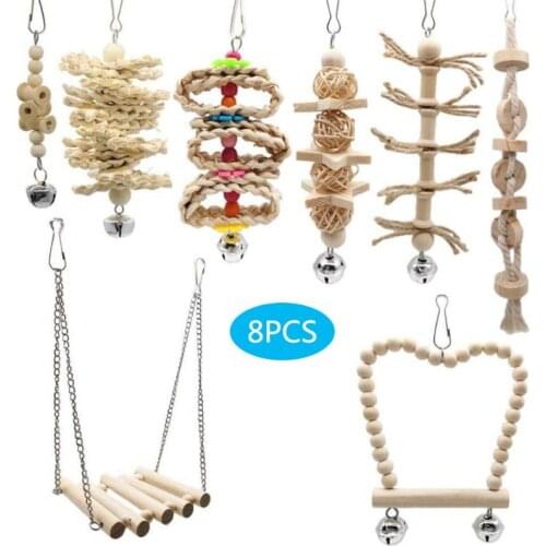 8 Pcs/set Bird Parrot Swing Chew Toys Natural Wood Hanging Bell Birds Cage Decor
